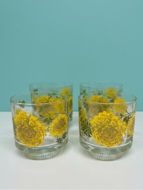 Vintage MCM Brockway Regency Yellow Chrysanthemum Lowball Glasses Set of 4